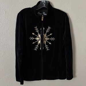 Onque Casuals Women’s Velour Snowflake Winter Holiday Full Zip Black/Gold Large